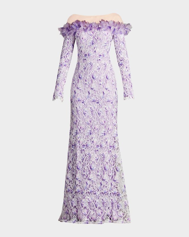 Off-Shoulder Illusion Floral Lace Gown